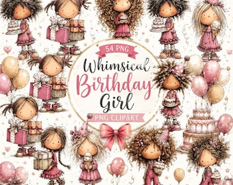 Whimsical Birthday Girl PNG Clipart Bundle, Watercolor Cute Party Girl Design, Kawaii Birthday Girl Sublimation, Digital Download