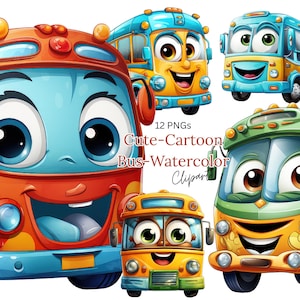 Op de afbeelding: Een verzameling kleurrijke cartoon bus clipart afbeeldingen. De bussen hebben grote, expressieve ogen en lachende gezichten. De bussen zijn in verschillende kleuren, waaronder rood, blauw, geel en groen. De tekst op de afbeelding luidt "12 PNGs Cute-Cartoon Bus-Watercolor Clipart."
