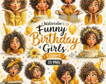 Watercolor Funny Birthday Girls Clipart Bundle PNG, Cute Cartoon Birthday Girl PNG, Whimsical Party Girls Clipart Download