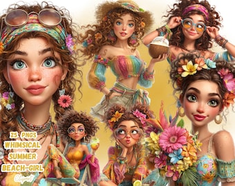 Whimsical Summer Beach Girl Clipart PNG Bundle, Cute Boho Coastal Girl, Tropical Vacation Aesthetic, Watercolor Pastel Sublimation