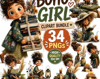 Boho Girl Clipart Bundle PNG, Cute Bohemian Girl PNG, Watercolor Boho Kids Clipart, Sublimation Design, Instant Download, Commercial Use