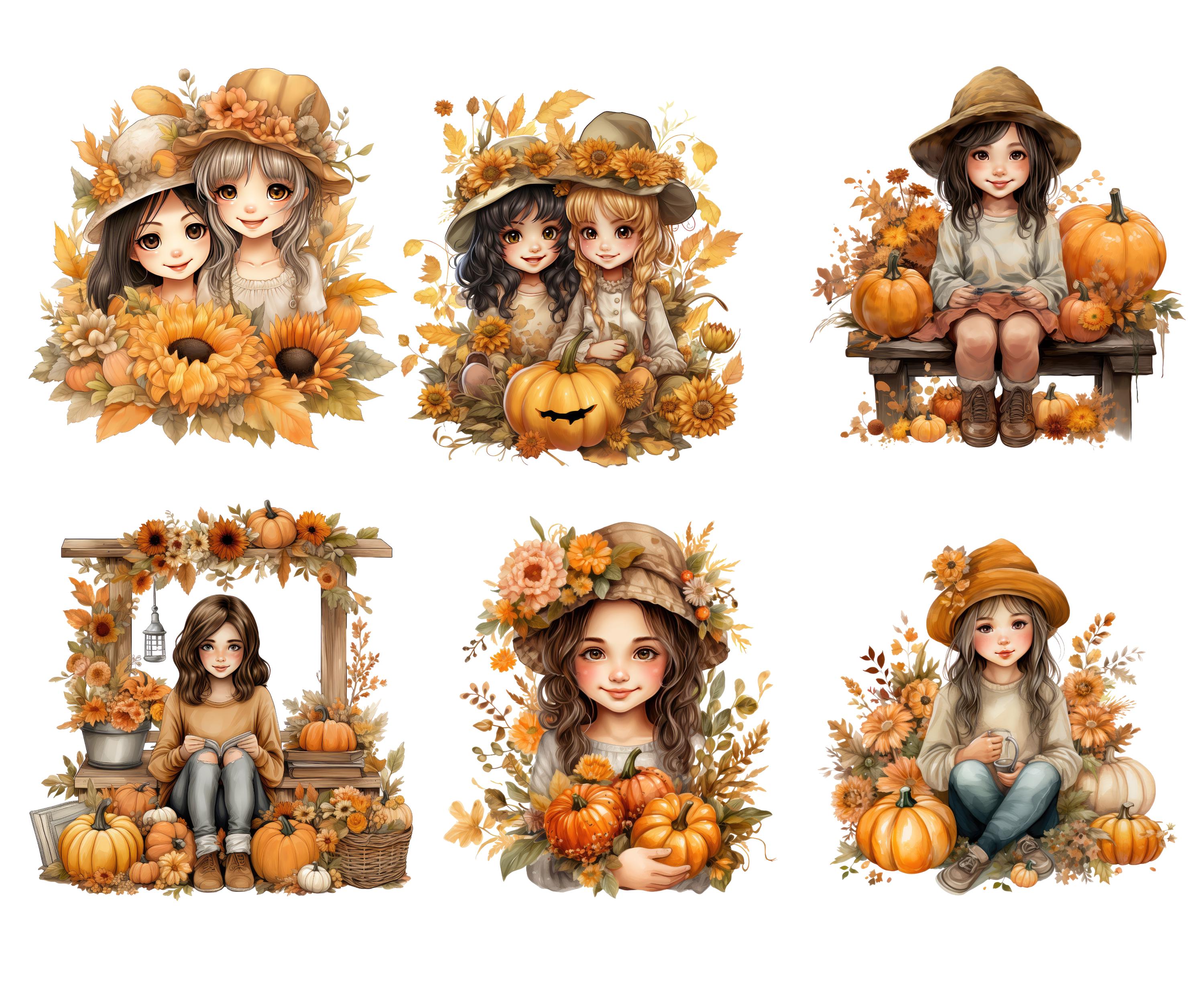 12 Little Autumn Girl Clipart Bundle 12 PNG High Quality Watercolor ...