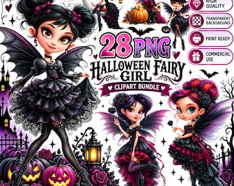Halloween Fairy Girl Clipart PNG Bundle, Gothic Fairy PNG, Cute Halloween Clipart, Witch Fairy PNG, Kawaii Fairy, Sublimation Design