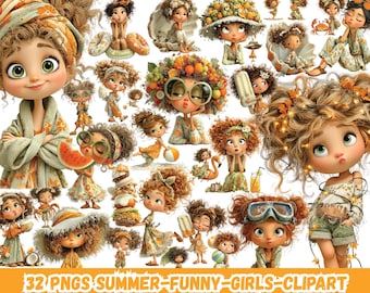 Summer Funny Girls Clipart PNG Bundle, Cute Beach Girl Clipart, Cartoon Girl PNG, Vacation Humor Girls, Kids Summer Sublimation Pack