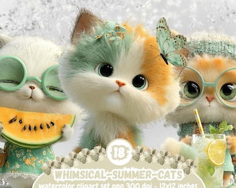 18 PNG Whimsical Summer Cat Clipart, Cute Beach Cat Illustration, Summer Animals, Kids Clipart, Digital Download, Commercial Use