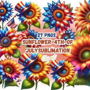 Patriotic Sunflower Clipart – Red White Blue USA Graphics (Digital Download)