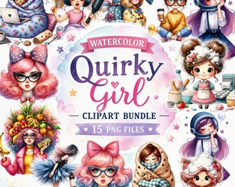 Watercolor Quirky Girl Clipart Bundle PNG, Cute Fashion Cartoon Girls Sublimation Designs, Whimsical Kawaii Girl Clipart, Digital Download