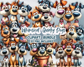 Whimsical Dog Clipart Bundle | Cute Cartoon Dogs PNG | Funny Puppy Illustrations | Pet Clipart for Stickers, T-Shirts, Sublimation