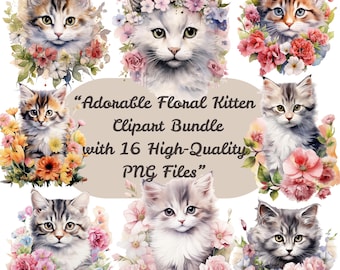 JPG Watercolor Cute Spring Kitten Clipart Bundle Floral Cat Spring Clipart Quirky Cat Instant Download Paper Craft Junk Journal Scrapbooking