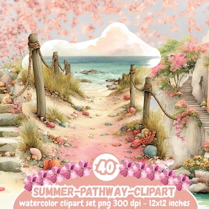 Op de afbeelding: Watercolor clipart set met een kustpad naar de oceaan. De afbeelding toont houten palen met touw, trappen en een gebouw met roze bloemen. De tekst luidt "SUMMER-PATHWAY-CLIPART" en is 30,48 x 30,48 cm.