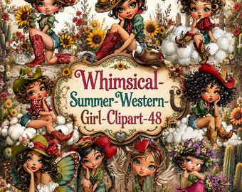 Whimsical Summer Western Girl Clipart PNG Bundle, Cute Cowgirl Watercolor PNG, Kawaii Western Girl Clip Art, Sublimation Download