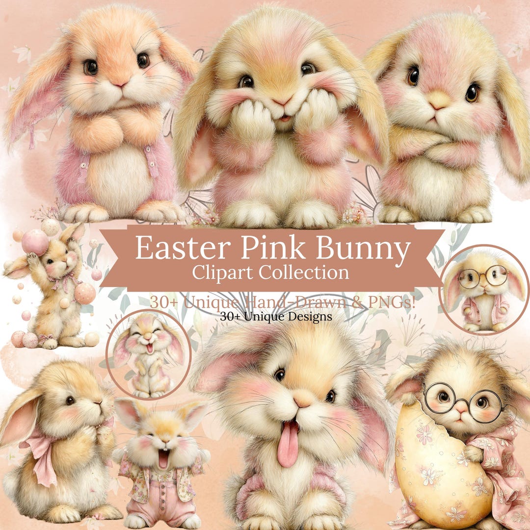 Easter Bunny PNG Bundle 30 Files Pink Baby Rabbit Clipart Spring Pastel ...