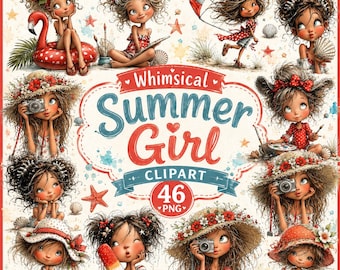 Whimsical Summer Girl Clipart PNG Bundle, Cute Watercolor Girl PNG, Kawaii Summer Girls Clip Art, Sublimation Digital Download