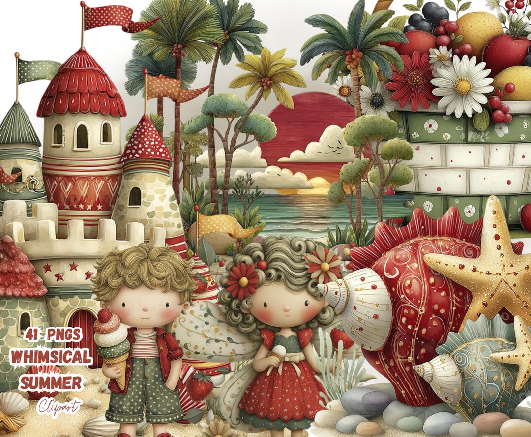Whimsical Summer Clipart Bundle PNG, Cute Boho Tropical Vacation ...