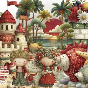 Puede incluir: Clipart de verano caprichoso con un niño de dibujos animados sosteniendo un helado y una niña con un vestido rojo. La imagen incluye un castillo, palmeras, un sol rojo y el texto "41 PNGS WHIMSICAL SUMMER Clipart".