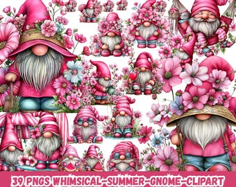 Whimsical Summer Gnome Clipart Bundle PNG, Cute Beach Gnomes Watercolor Clipart, Funny Tropical Summer Gnome Sublimation Design