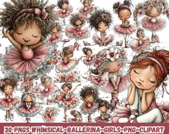 Whimsical Ballerina Girls PNG Clipart Bundle, Cute Ballet Dancer Sublimation PNG, Pink Princess Ballet Girl Designs, Watercolor Clipart