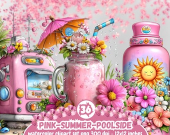 Whimsical Pink Summer Poolside Clipart Set - Summer Collection of Elements - Seasonal Summer Watercolor Set - Vacation