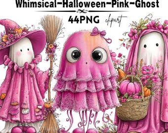 Whimsical Pink Ghost Clipart PNG Bundle, Cute Halloween Ghost PNG, Pink Halloween Clipart, Kawaii Ghost, Spooky Cute PNG, Sublimation