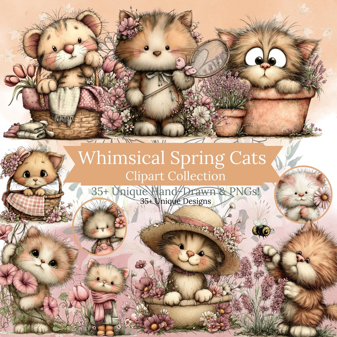 Cat PNG Bundle 35 Files, Kitten Clipart, Floral Spring Cat PNG, Cute ...