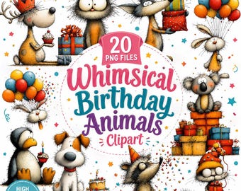 Whimsical Birthday Animals Clipart PNG Bundle, Cute Party Animal Sublimation Designs, Funny Birthday Animal PNG, Digital Download