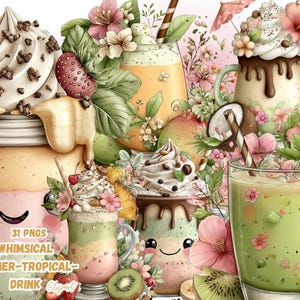 Op de afbeelding: Een grillige digitale illustratie met verschillende zomerse tropische drankjes. De afbeelding toont kleurrijke smoothies en milkshakes versierd met slagroom, fruit en bloemen. De tekst "31 PNGS WHIMSICAL SUMMER-TROPICAL DRINK Clipart" is zichtbaar.