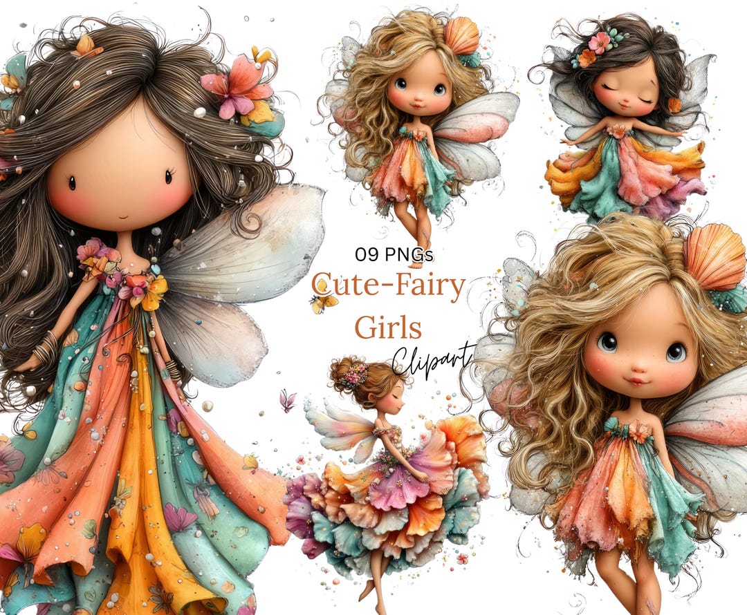 Whimsical Fairy Girls Clipart PNG, Cute Boho Fairy Bundle, Watercolor ...