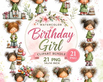 Watercolor Birthday Girl Clipart Bundle, Cute Party Girl PNG Sublimation Designs, Whimsical Birthday Girl Clipart, Digital Download