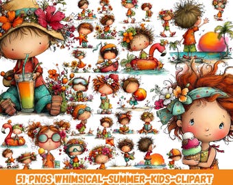 Whimsical Summer Kids Clipart Bundle PNG, Cute Beach Kids Watercolor Clipart, Funny Summer Children PNG,Tropical Vacation Sublimation Design