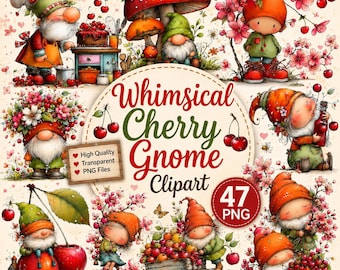 Whimsical Cherry Gnome Clipart PNG Bundle, Cute Summer Fruit Gnome PNG, Watercolor Cherry Gnome Clipart, Funny Garden Gnome Digital Download