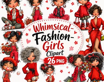 Whimsical Fashion Girls Clipart PNG Bundle, Cute Trendy Girl Sublimation Designs, Watercolor Kawaii Fashion Girl PNG, Digital Download