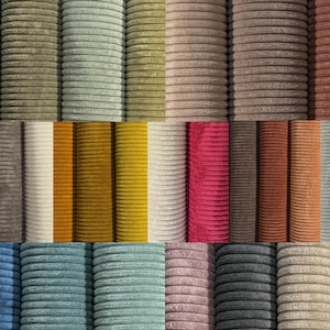 Könnte beinhalten: Eine Sammlung von Cordstoffmustern in verschiedenen Farben, darunter Grün-, Beige-, Braun-, Rosa- und Blautöne. Die gerippte Textur des Stoffes ist deutlich sichtbar und zeigt die verschiedenen Farboptionen für Polster oder Kleidung.