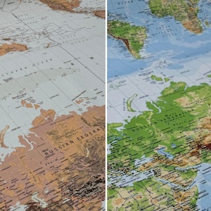 Könnte beinhalten: Eine detaillierte Weltkarte mit Vintage-Ästhetik, die eine Farbpalette aus Beige, Braun, Grün und Blau aufweist. Die Karte zeigt Kontinente, Länder und Ozeane mit Schwerpunkt auf geografischen Merkmalen und politischen Grenzen.