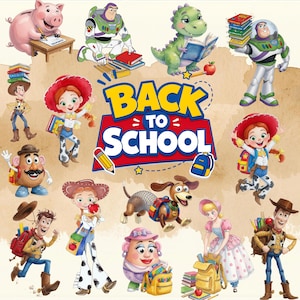 Può includere: Un grafico colorato con il testo BACK TO SCHOOL circondato da vari personaggi animati, tra cui un maiale, un ranger spaziale, un dinosauro, un cowboy, una cowgirl, una figura di patata, un cane e una pastorella con materiale scolastico.