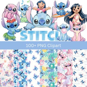 Könnte beinhalten: Eine Sammlung von Aquarellillustrationen mit der Figur Stitch aus dem Disney-Film Lilo & Stitch. Das Bild zeigt Stitch in verschiedenen Posen, zusammen mit Lilo und mehreren gemusterten Hintergründen. Der Text "STITCH" und "100+ PNG Clipart" sind ebenfalls vorhanden.