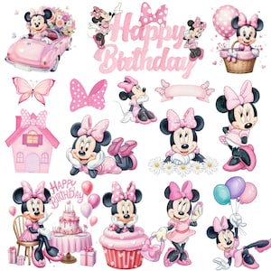 Può includere: Una collezione di illustrazioni rosa a tema Minnie Mouse. Le immagini includono Minnie Mouse in varie pose, un'auto rosa, una casa, fiocchi, farfalle, un cupcake, una torta e la scritta "Happy Birthday".