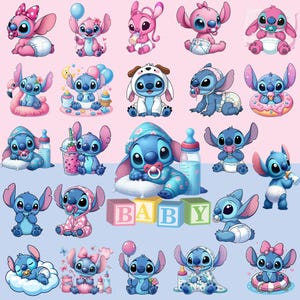 May include: A collection of cartoon character illustrations, featuring the blue and pink alien Stitch from Lilo & Stitch. The images show Stitch in various baby-themed poses, with pacifiers, bottles, and the word "BABY" in blocks.