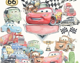Paquete de más de 60 dibujos de coches en acuarela, Rayo McQueen en acuarela PNG, imágenes prediseñadas de coches, Mater dibujado a mano en acuarela, descarga digital instantánea.