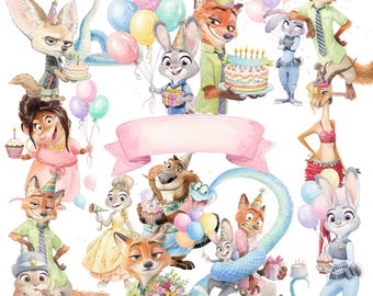 Illustrazione PNG ad acquerello per compleanno a tema Zootropolis, personaggi di Zootropolis 2, design per compleanno in famiglia, PNG stampabile.