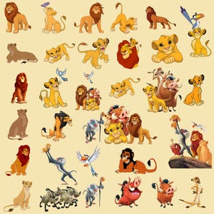 May include: A collection of cartoon lions and other characters from the animated film, The Lion King. The image features various poses and expressions of the lions, including Simba, Nala, and Mufasa, along with Timon, Pumbaa, and Zazu.