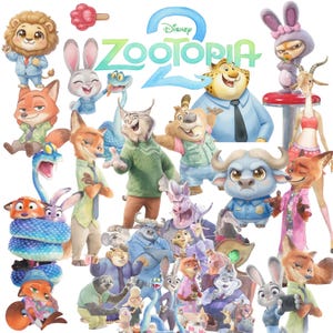 Op de afbeelding: Een verzameling aquarel illustraties met personages uit de Disney film "Zootopia 2". De afbeelding bevat verschillende antropomorfe dieren zoals een leeuw, vos, konijn en anderen, allemaal in levendige kleuren en gedetailleerde ontwerpen.