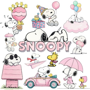 May include: A collection of Snoopy illustrations in various poses, including holding a balloon, driving a pink car, and holding a heart. The word "Snoopy" is in pink letters. Other characters include Woodstock.