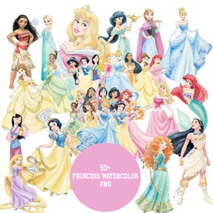 Princess Watercolor Png Bundle, Princess Watercolor Clipart, Digital Elsa, Anna, Aurora, Mermaid, Jasmine, Tiana, Belle, Diana Luna Rapunzel
