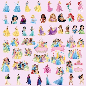 Può includere: Una collezione di immagini di cartoni animati di principesse Disney, tra cui Cenerentola, Ariel, Belle e altre, su sfondo rosa. Le immagini variano per dimensioni e posa, alcune raggruppate.
