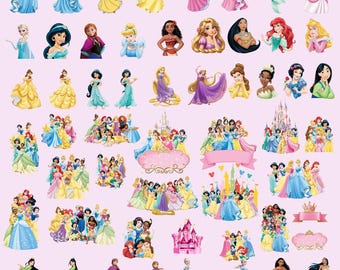 Paquete de imágenes PNG de princesas, imágenes PNG de dibujos animados de princesas, conjunto de imágenes prediseñadas de princesas con temática de cumpleaños, fondo transparente, descarga digital