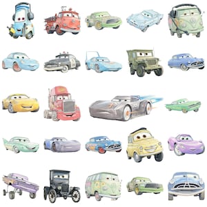 May include: Watercolor illustrations of various cartoon cars in different colors and styles. The collection includes a tow truck, fire truck, race cars, a police car, and a semi-truck. The cars have expressive faces and are set against a white background.