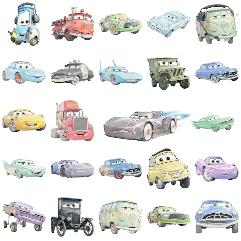 May include: Watercolor illustrations of various cartoon cars in different colors and styles. The collection includes a tow truck, fire truck, race cars, a police car, and a semi-truck. The cars have expressive faces and are set against a white background.