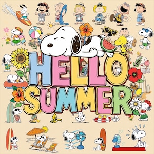 May include: A colorful illustration featuring Snoopy and the Peanuts gang enjoying summer activities. The phrase "HELLO SUMMER" is prominently displayed. Characters are depicted with surfboards, beach umbrellas, and flowers, creating a cheerful, summery vibe.