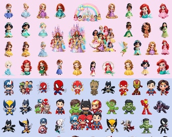 Princess  Superhero Chibi Bundle PNG, Cute Cartoon Girls and Heroes Clipart Set, Fairy Tale & Hero Collection, Kids Sublimation PNG