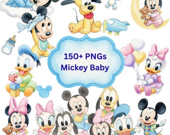 150+ Mickey and Friends Watercolor Clipart Bundle PNG, Baby Mickey Clipart, Soft Pastel Baby Shower Clipart, Cute Mickey Friends PNG